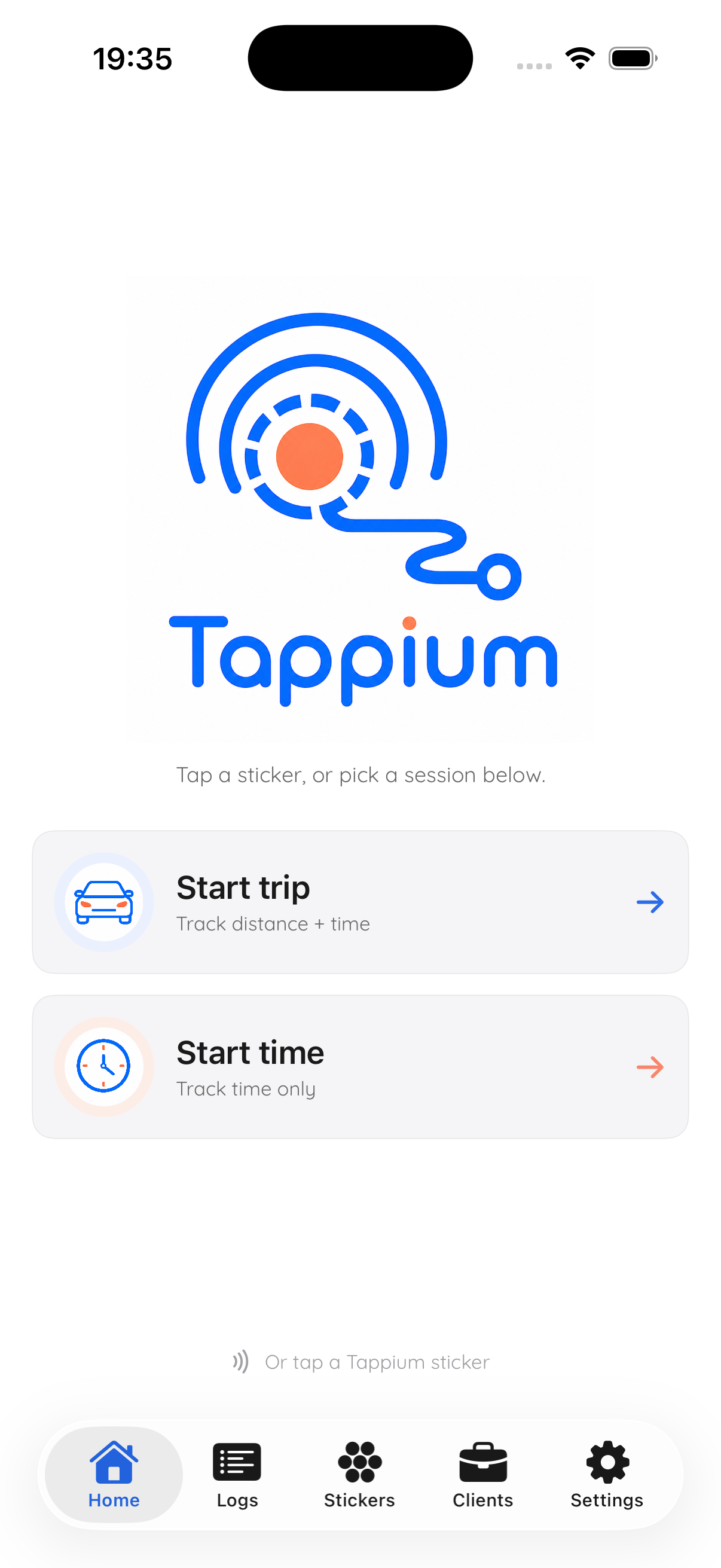 Tappium home, start trip or hours
