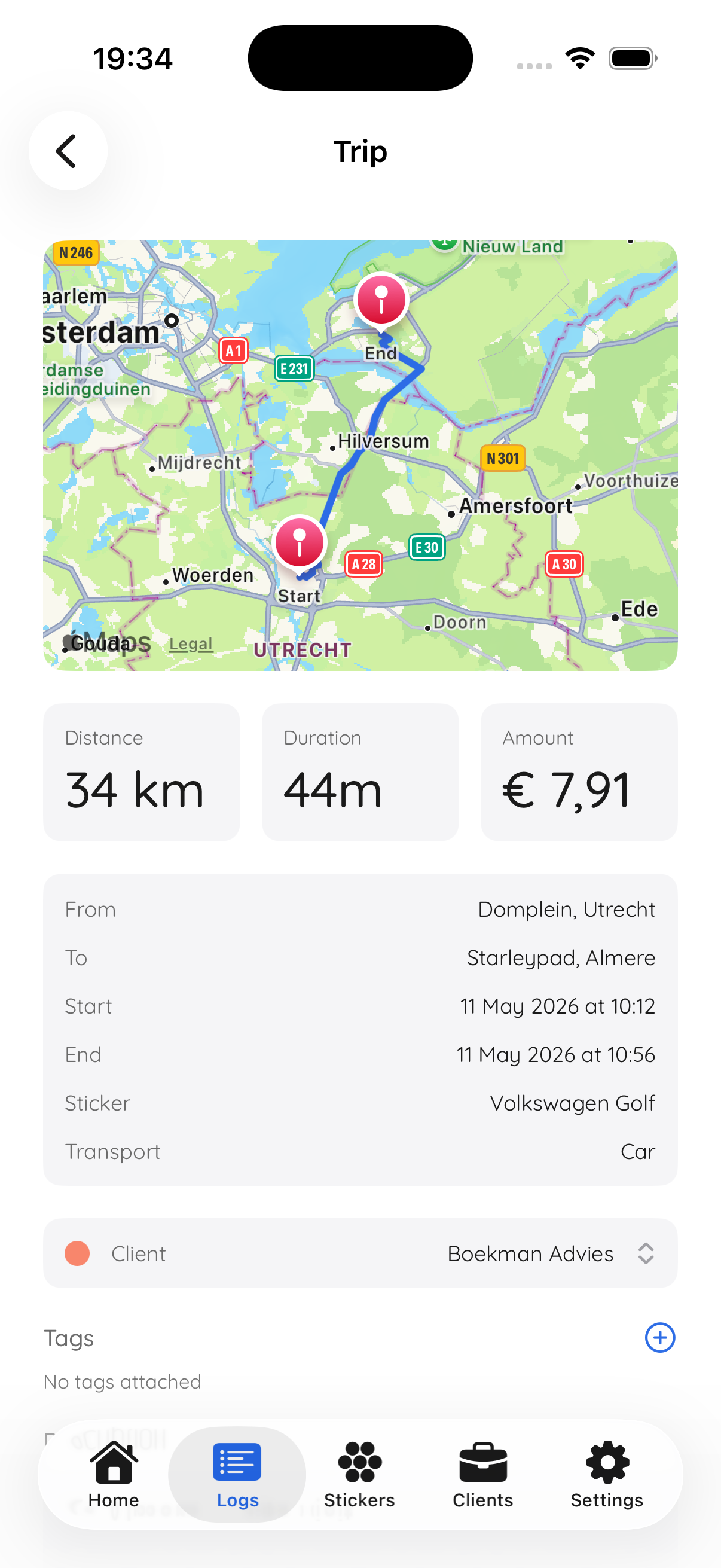 Trip detail with route and kilometres